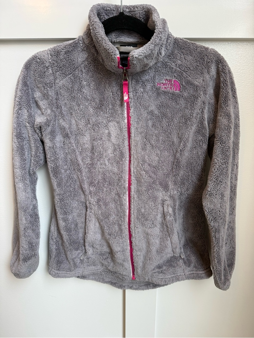 The North Face Kids' Gray Fuzzy Puffer-Style Jacket with Pink Accents
